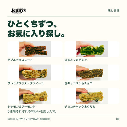 ダブルチョコレート、抹茶＆マカダミア、ブレックファストグラノーラ、塩キャラメル＆チョコ、シナモン＆アーモンド、チョコチャンク＆クルミの断面写真。各フレーバーの味と食感を紹介。