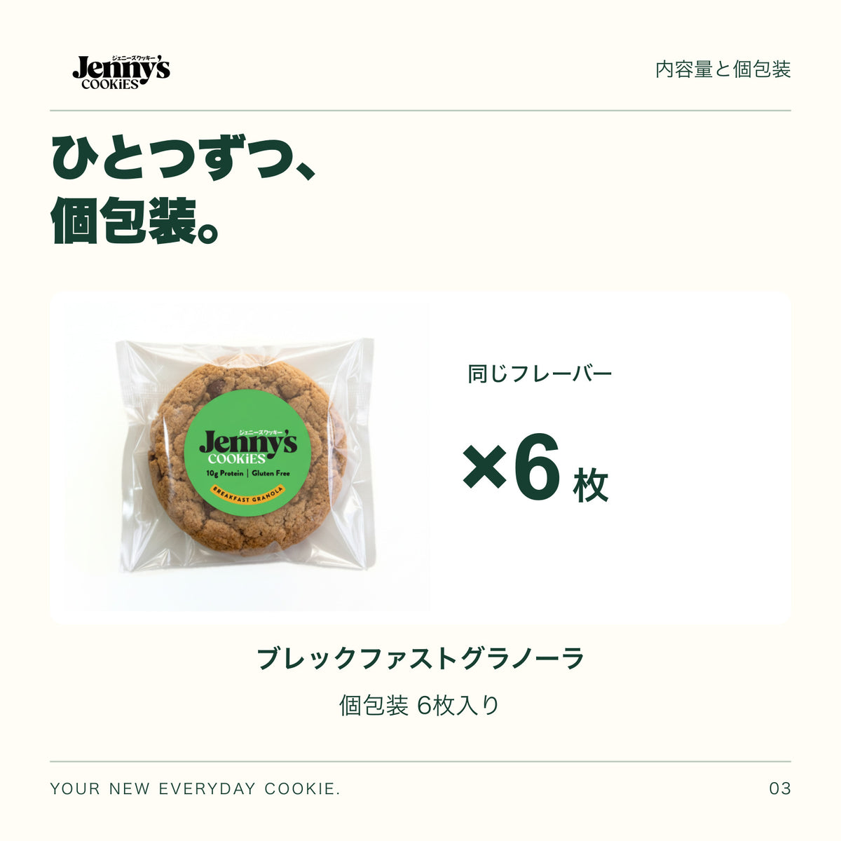 Jenny’s Cookies ブレックファストグラノーラ｜6枚入りの内容量。6枚。すべて個包装。