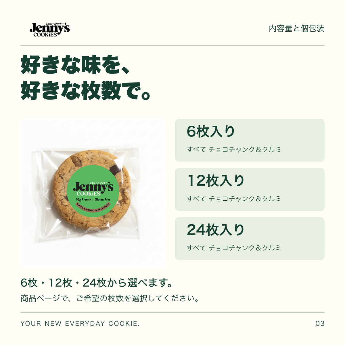 Jenny’s Cookies チョコチャンク＆クルミ｜6・12・24枚の内容量。6・12・24枚から選択。すべて個包装。