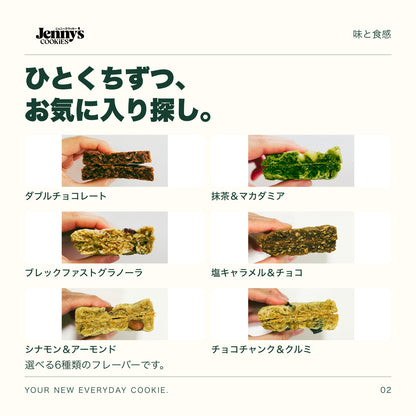 ダブルチョコレート、抹茶＆マカダミア、ブレックファストグラノーラ、塩キャラメル＆チョコ、シナモン＆アーモンド、チョコチャンク＆クルミの断面写真。各フレーバーの味と食感を紹介。