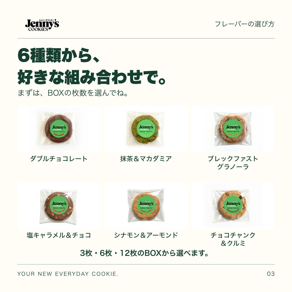 Jenny’s Cookies 選べるクッキーBOX｜3・6・12枚の内容量。6種類から好みの組み合わせで、3・6・12枚のBOXを選択。すべて個包装。