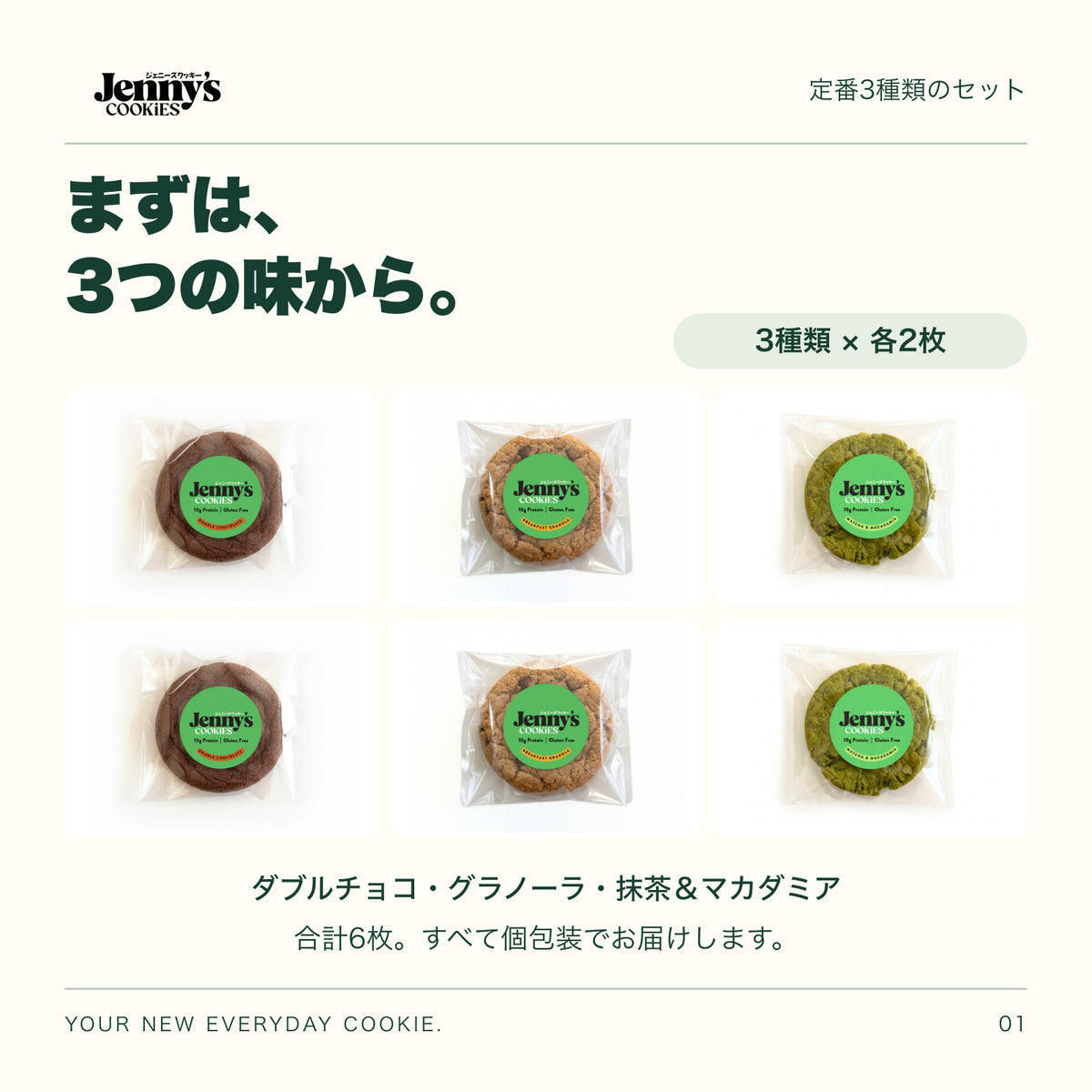 Jenny’s Cookies 定番3種セット｜6枚。ダブルチョコレート、ブレックファストグラノーラ、抹茶＆マカダミアを各2枚、合計6枚の個包装写真で紹介。3列2段に配置。すべて個包装。