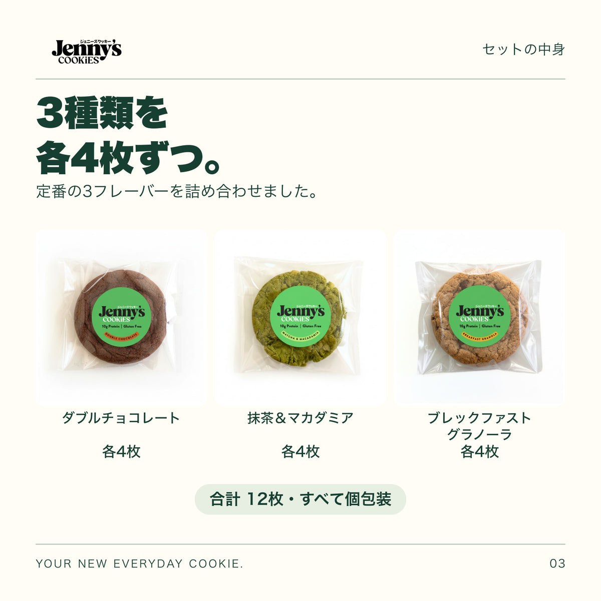 Jenny’s Cookies 定番3種セット｜12枚の内容量。3種類×各4枚。すべて個包装。