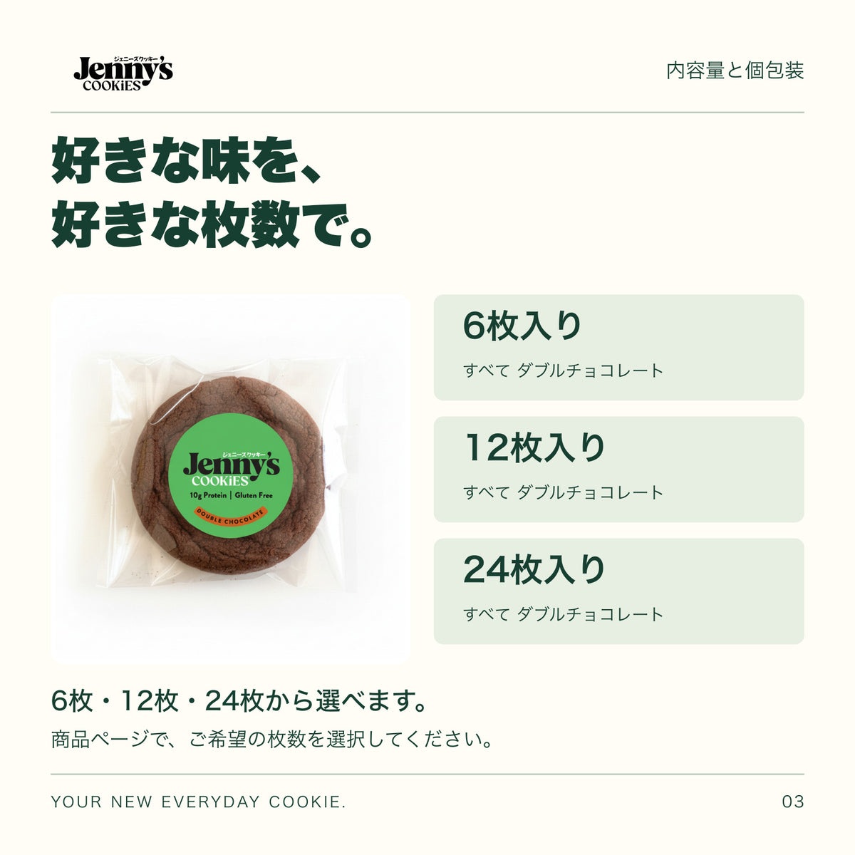 Jenny’s Cookies ダブルチョコレート｜6・12・24枚の内容量。6・12・24枚から選択。すべて個包装。