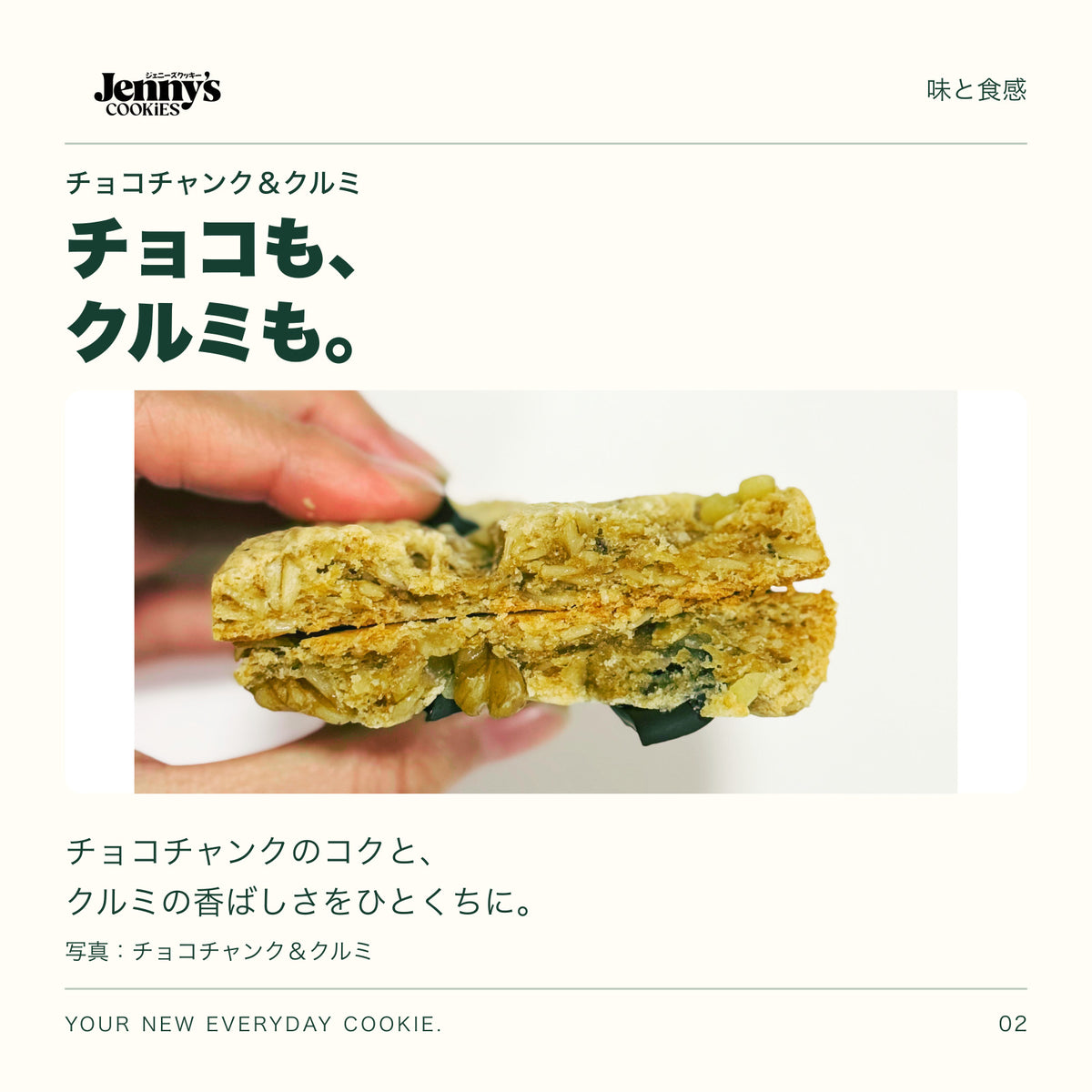 チョコチャンク＆クルミの断面写真。チョコも、クルミも。チョコチャンクのコクと、クルミの香ばしさをひとくちに。