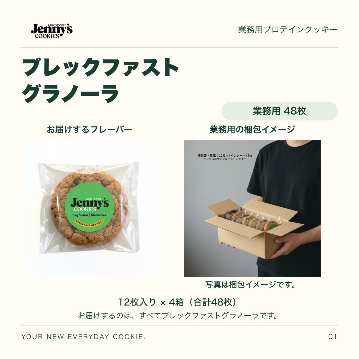 Jenny’s Cookies 業務用 ブレックファストグラノーラ｜48枚入り。ブレックファストグラノーラの個包装写真。お届けするのは同じフレーバー48枚。人物が個包装のクッキー入り段ボール箱を持つ梱包イメージ。12枚入り×4箱、合計48枚。写真の箱には複数の味が入っています。すべて個包装。