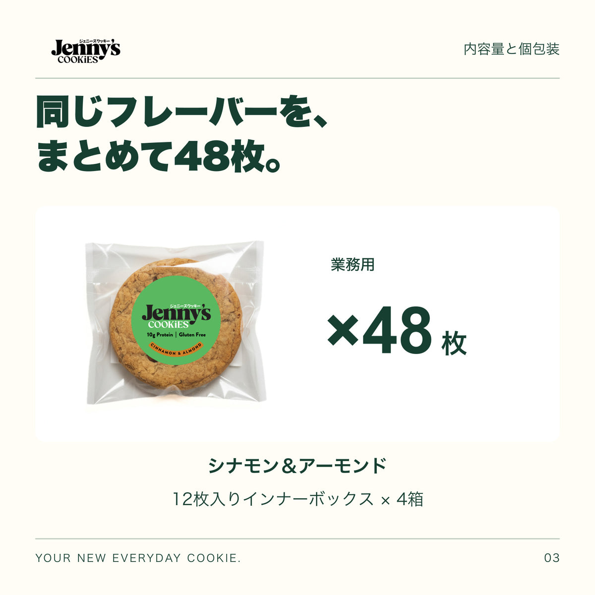 Jenny’s Cookies 業務用 シナモン＆アーモンド｜48枚入りの内容量。48枚。12枚入りインナーボックス4箱。すべて個包装。