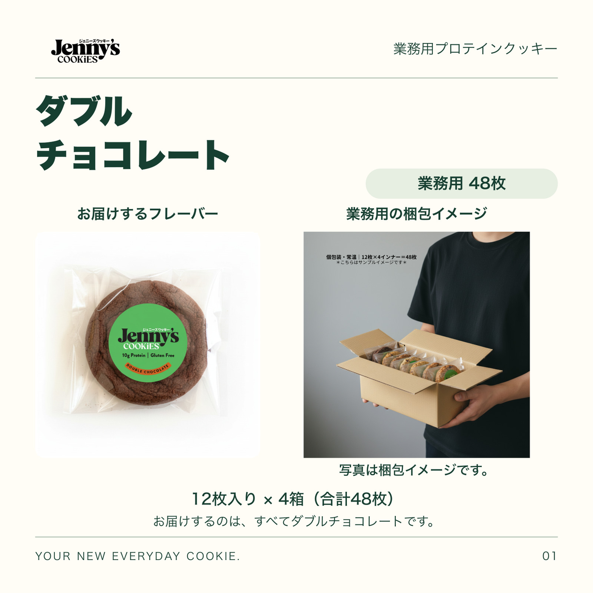 Jenny’s Cookies 業務用 ダブルチョコレート｜48枚入り。ダブルチョコレートの個包装写真。お届けするのは同じフレーバー48枚。人物が個包装のクッキー入り段ボール箱を持つ梱包イメージ。12枚入り×4箱、合計48枚。写真の箱には複数の味が入っています。すべて個包装。