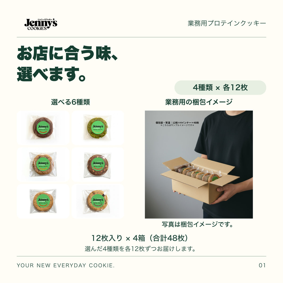 Jenny’s Cookies 業務用 選べる4種類｜48枚。選べる6種類の個包装写真。選んだ4種類を各12枚ずつお届け。人物が個包装のクッキー入り段ボール箱を持つ梱包イメージ。12枚入り×4箱、合計48枚。写真の箱には複数の味が入っています。すべて個包装。