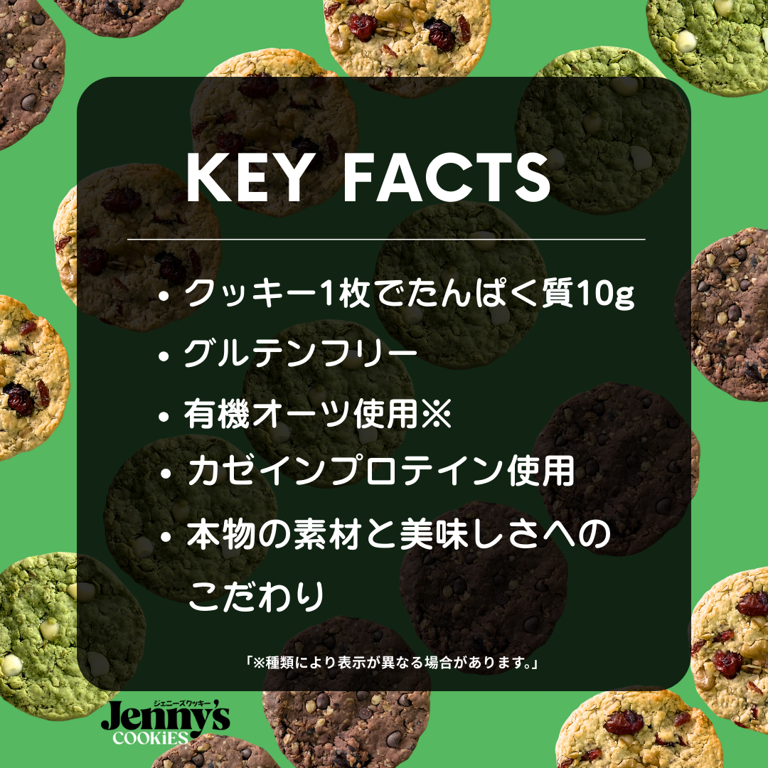 チョコレートプロテインクッキーに関する重要な事実、タンパク質10g、グルテンフリー、オーガニックオーツ使用